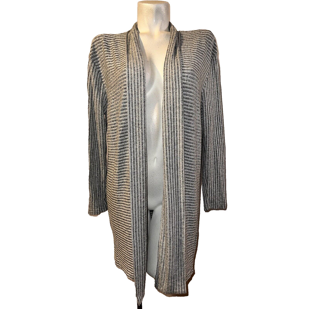 BANANA REPUBLIC Sweater Women's Size M Black Grey Ribbed Stripe Open LS Cardigan